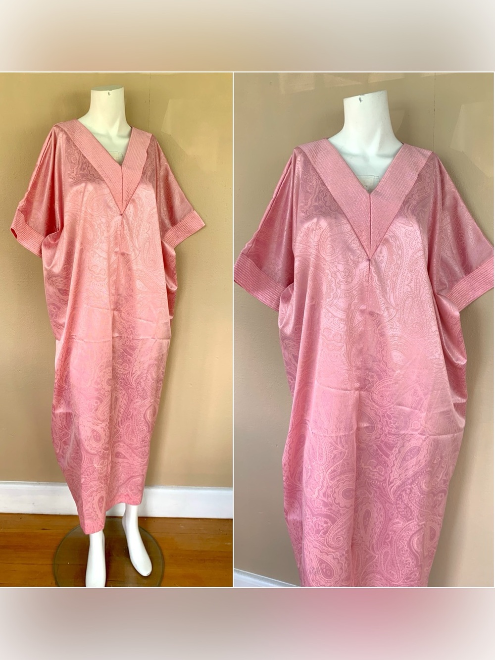 70s Pink Paisley Caftan | Vintage Oversized Silky MuMu